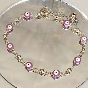Gold Tone Pink Evil Eye Dainty Bracelet